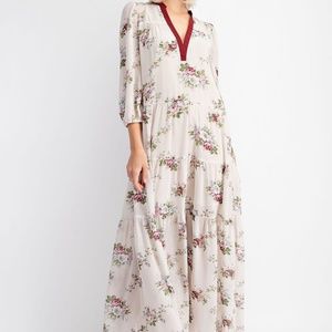 Ivory Floral Print Tiered Ruffle 3/4 Sleeve Maxi